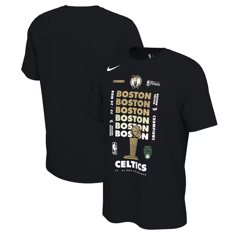Men's Boston Celtics Black 2024 Finals Champions Celebration Expressive T-Shirt Men's Boston Celtics Black 2024 Finals Champions Celebration Expressive T-Shirt